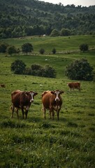 Naklejka premium Cows grazing in a green pasture.