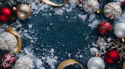 Naklejka premium Christmas background with white snow and red, gold, and silver ornaments