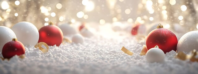Christmas background with white snow and red, gold, and silver ornaments