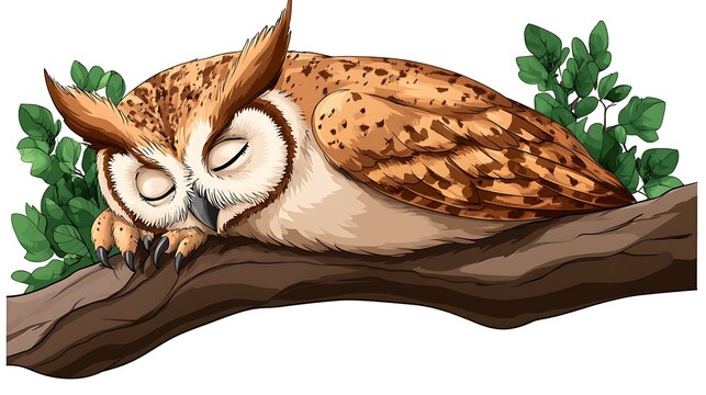 recommend clip art: A clip art of a peaceful owl sleeping on a tree branch on a white background