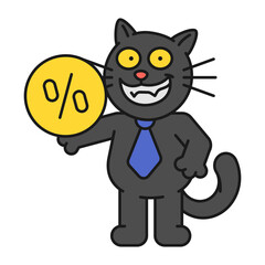 Black cat holding coin with percent sign and smiles