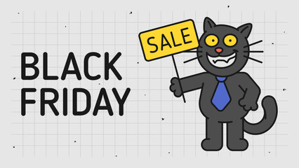 Black friday concept black cat holds sign saying sale and smiles