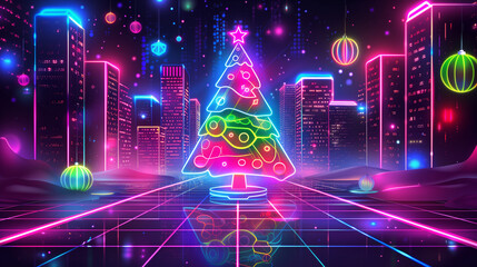 A vibrant neon Christmas tree glowing in a futuristic cityscape with colorful lights, geometric designs, and festive ornaments.  
