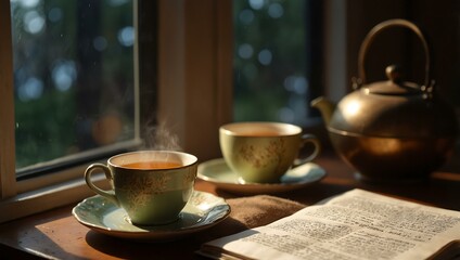 Fototapeta premium Cozy afternoon reading by the window with tea and a warm lamp nearby.