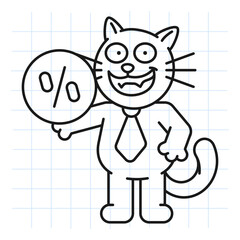 Doodle black cat holding coin with percent sign and smiles