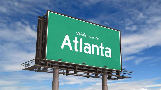 Welcome To Atlanta Road Sign. Airplane Landing Georgia Atlanta USA.