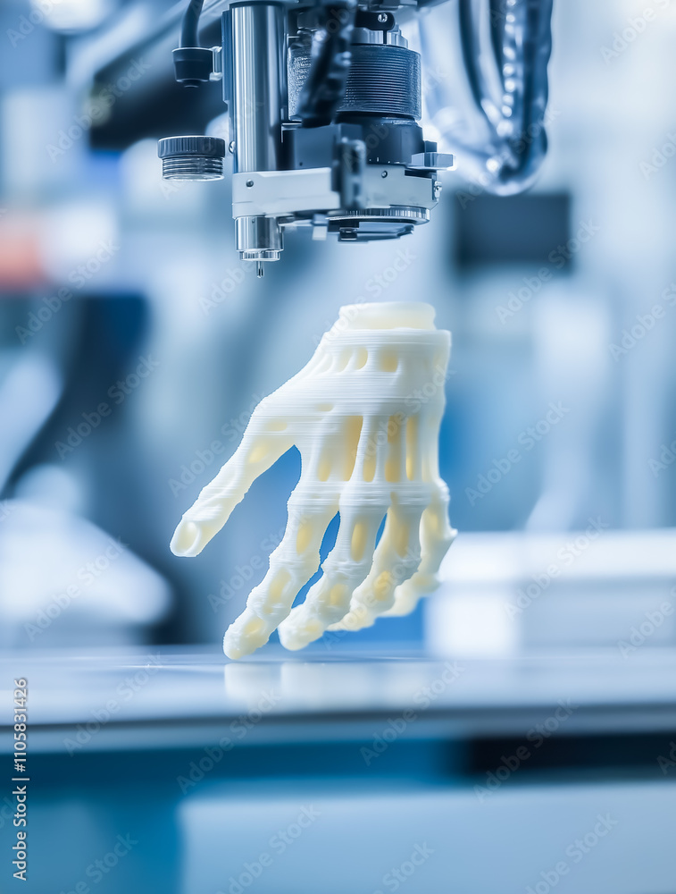 Poster a detailed view of a 3d printer producing a prosthetic hand with intricate design in a laboratory en