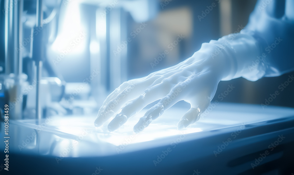 Poster a close-up of a 3d printer crafting a realistic prosthetic hand with precise engineering in a high-t