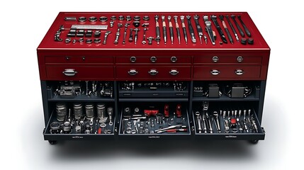 A clip art of a red toolbox with tools spilling out on a white background