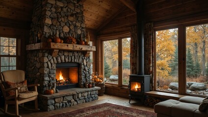 Fototapeta premium Cozy autumn cabin with a fireplace and window view.