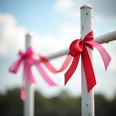 Valentine Football Goal. A football goal decorated with red and pink ribbons against a blurred background.