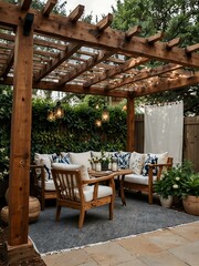Fototapeta premium Cozy backyard oasis with a DIY pergola for an intimate gathering.