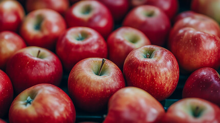 Close-up of fresh apples moving along a conveyor belt in a fruit processing plant
