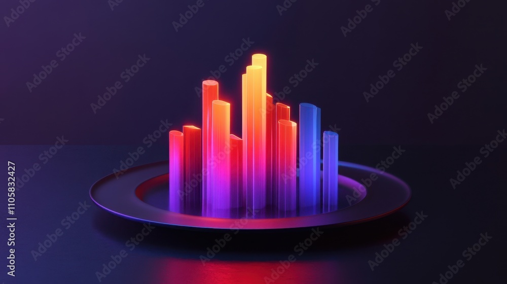 Poster a plate showcasing a glowing 3d bar chart, representing global economic data and progress in a creat