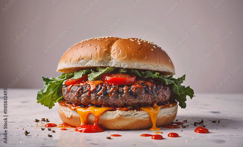 Poster hamburger with lettuce and tomato on it. the bun is brown and the meat is red. there is ketchup on t