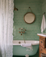 Classic 1950s bathroom with mint green tiles, clawfoot bathtub, brass showerhead, lace curtain, vintage vanity, and soft lighting, creating a refreshing, nostalgic atmosphere.