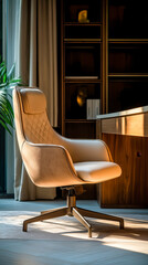 A sleek modern ergonomic office chair enhances any workspace with comfort and elegance. The soft leather design and neutral tones complement contemporary interiors.