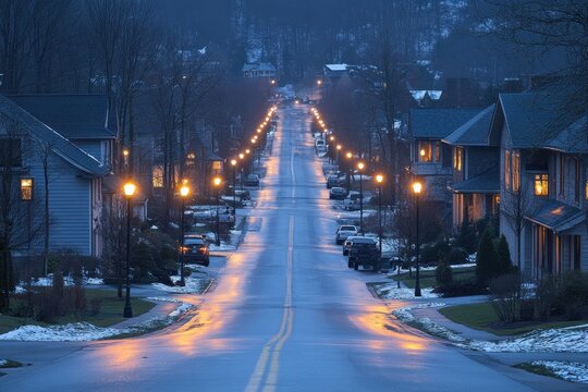 A quiet street at dusk, with street lamps glowing softly, creating an inviting yet introspective mood 