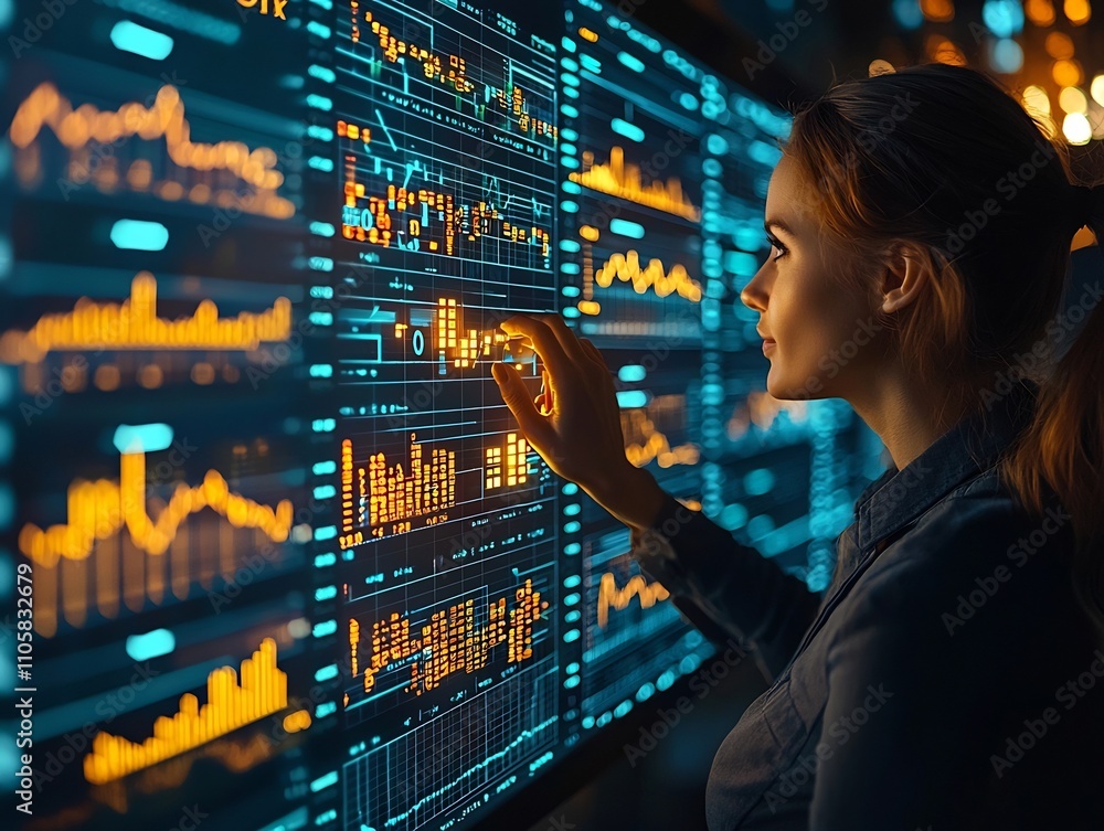 Poster digital dashboard filled with key performance indicators as business analyst evaluates data for quar