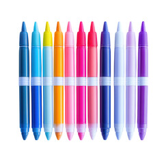 Row of colorful dual-tip markers in various shades isolated on white background. PNG transparent.