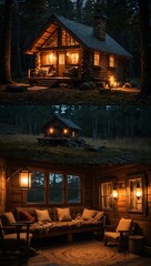 Cozy cabin with warm lantern lighting.
