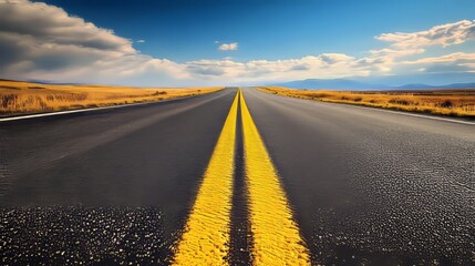 Fototapeta premium A smooth asphalt road with bright yellow centerlines stretching into the distance. without people, one color background 