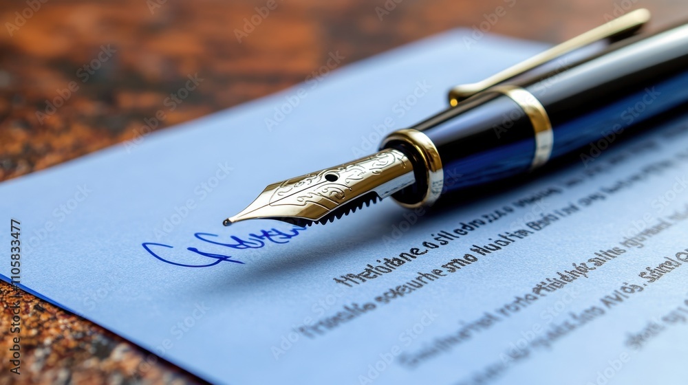 Poster a professional signing scene captured in sharp detail, highlighting the pen movement on a crisp docu