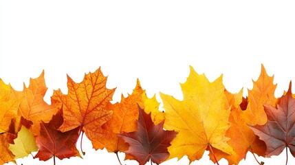 A vibrant array of autumn leaves in various colors against a white background.