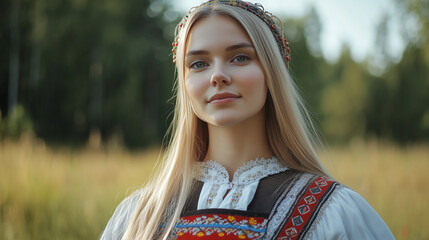 Kobieta o jasnych, prostych włosach, ubrana w tradycyjny strój, stanowi doskonałe połączenie klasycznego piękna i kulturowej autentyczności.
