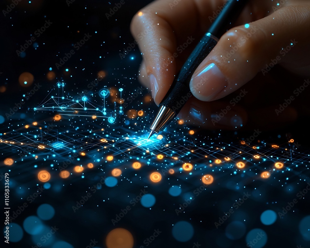 Poster data analyst interpreting holographic business analytics on notepad