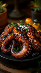 Grilled octopus garnished with parsley and sea salt on a dark plate.