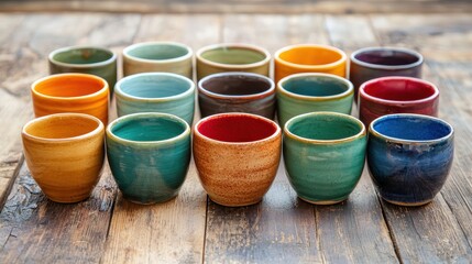 Colorful pottery mugs arranged in rows on a rustic wooden table, showcasing vibrant handmade craftsmanship and earthy tones.
