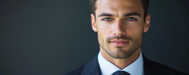 Confident businessman in a suit poses for a professional headshot against a dark background, exuding professionalism and charm.