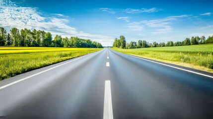 Naklejka premium A straight asphalt road with a single yellow line stretching toward the horizon. without people, one color background 