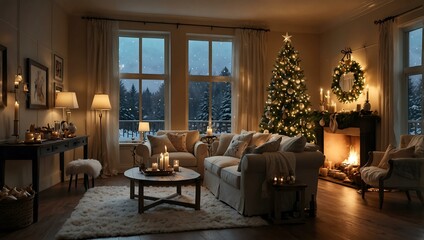 Fototapeta premium Cozy Christmas room with sparkling decor.