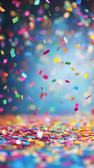 Colorful confetti in front of colorful background with bokeh for carnival.
