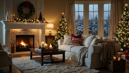 Cozy Christmas room with sparkling holiday decorations.