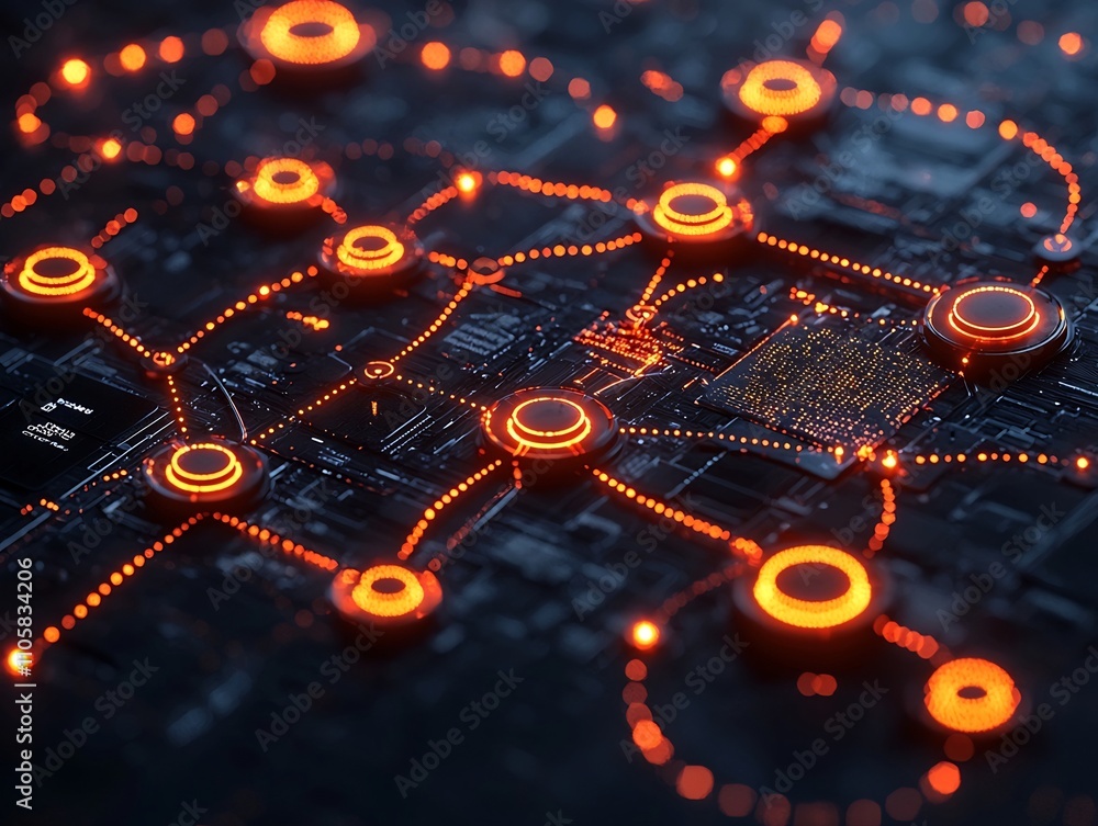 Poster digital flowchart representing the process of business analysis with glowing arrows and data points