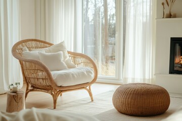 Wicker armchair with white cushions in a bright living room