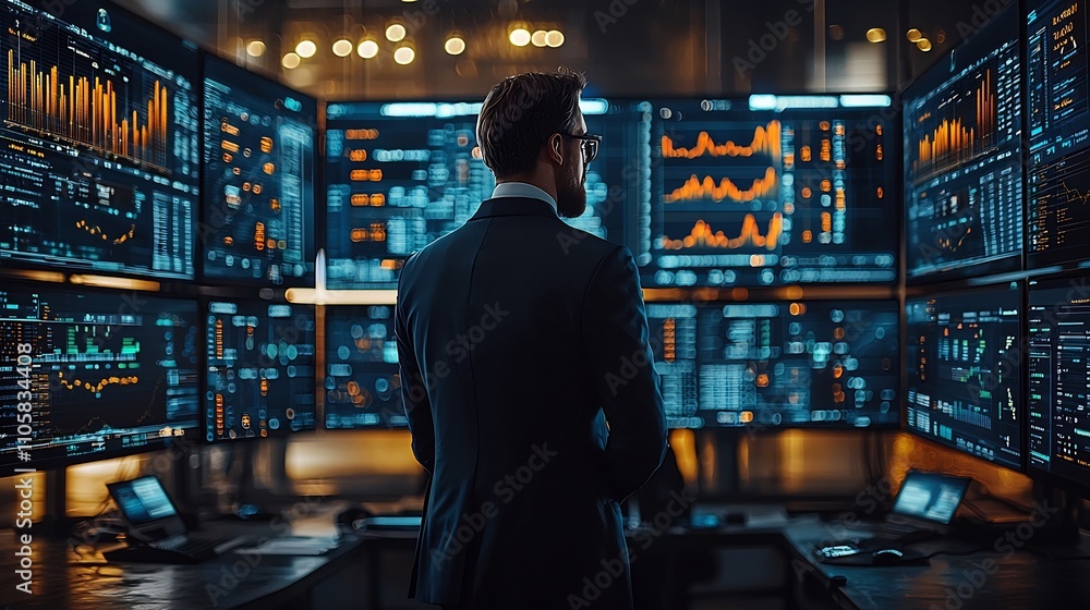 Poster business analyst surrounded by multiple data visualization screens for complex financial analysis