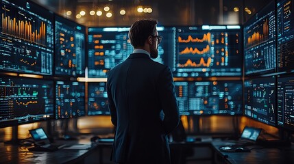 Obraz premium Business Analyst Surrounded by Multiple Data Visualization Screens for Complex Financial Analysis