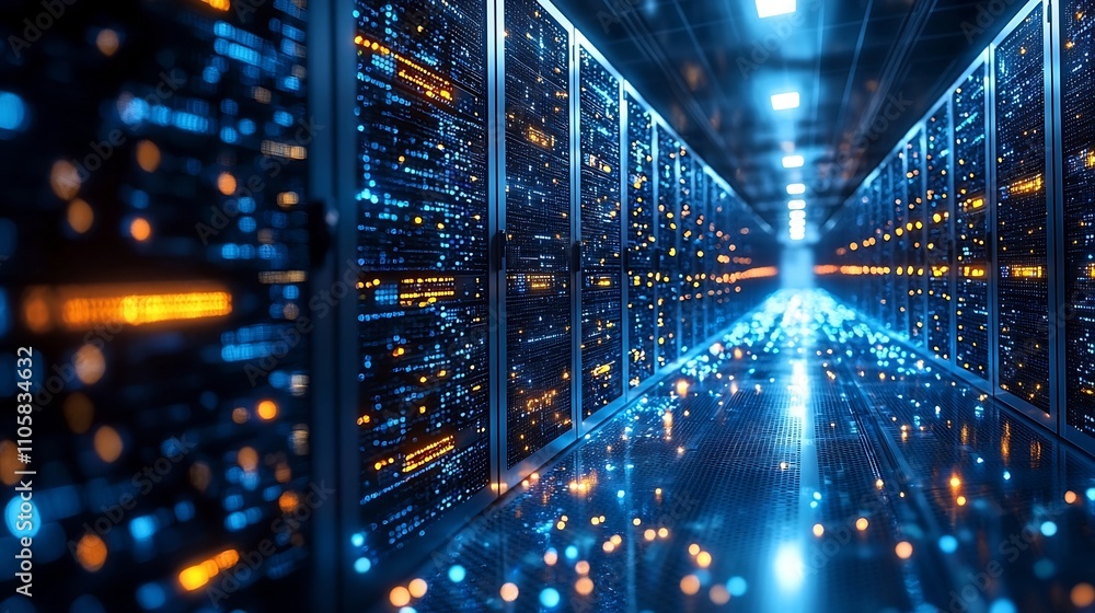 Poster futuristic data center with glowing servers and advanced analytics tools for real time business moni