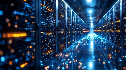 Futuristic Data Center with Glowing Servers and Advanced Analytics Tools for Real Time Business Monitoring