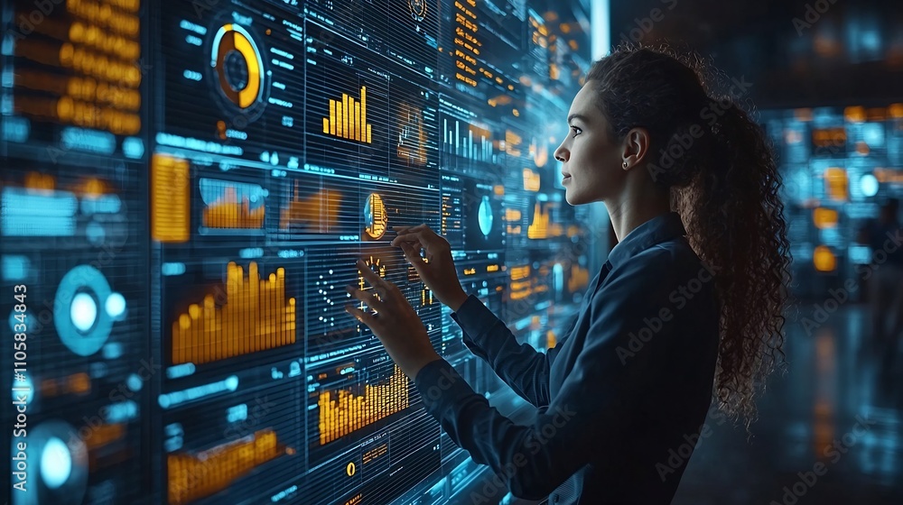 Poster business analyst presenting holographic data insights on interactive dashboard