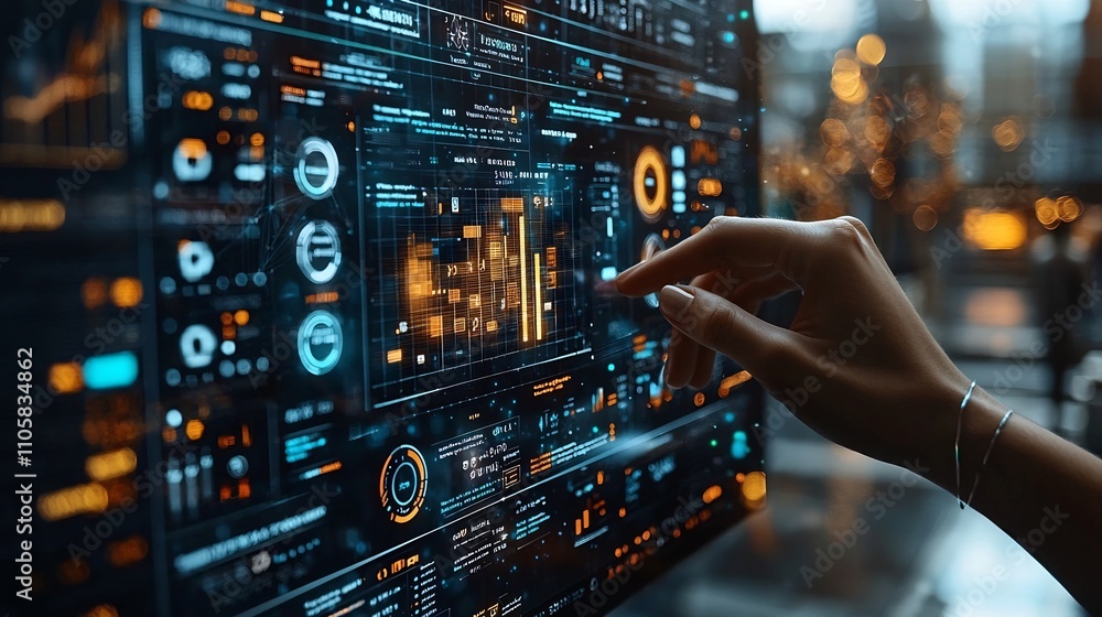 Poster business analyst presenting insights on holographic screen with data visualizations