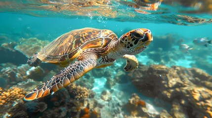Fototapeta premium A vibrant underwater scene featuring a sea turtle gliding gracefully over colorful coral reefs, Ideal for marine life websites, environmental campaigns, or ocean conservation projects,