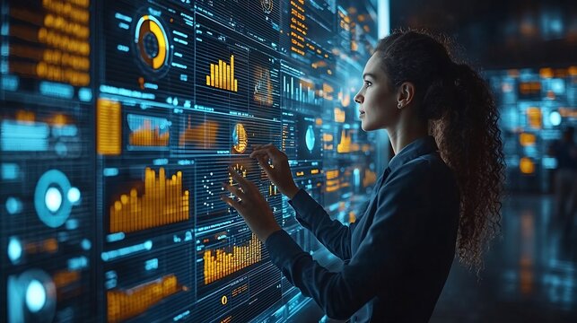 Business Analyst Presenting Holographic Data Insights on Interactive Dashboard