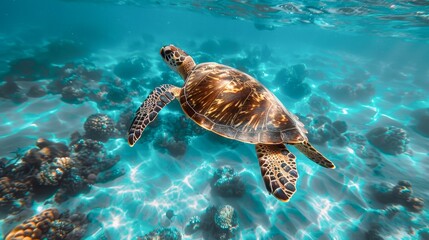 Obraz premium A vibrant underwater scene featuring a sea turtle gliding gracefully over a coral reef, This image captures marine life and is ideal for use in educational materials, travel brochures