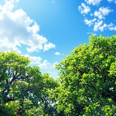 Bokeh effect of garden trees against a sunny blue sky, blurred background, outdoor, garden