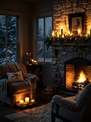 Cozy holiday scene with fireplace and twinkling lights.